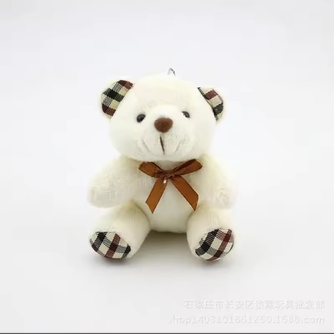 Cute White Mini Teddy Bear Plush Keychain | Plaid Accents & Brown Bow | Bag Charm Gift