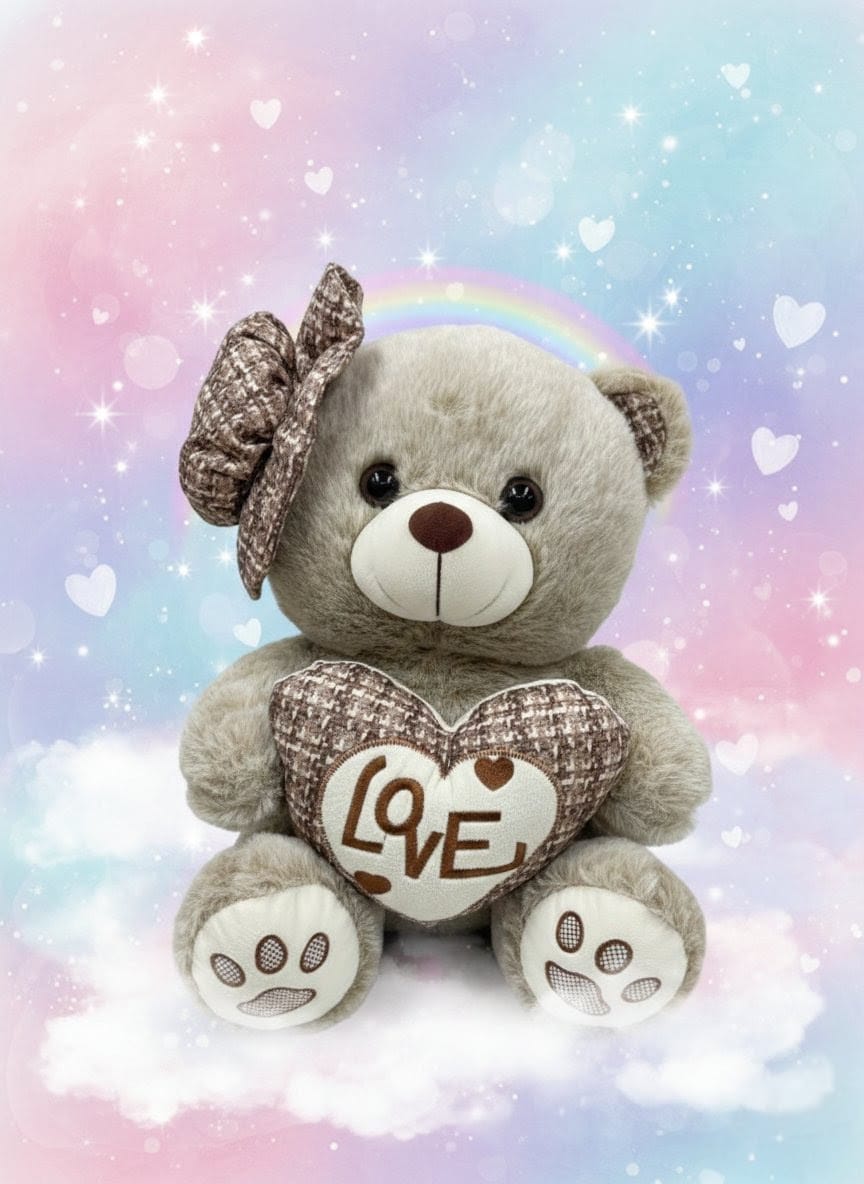 Cute Brown Teddy Bear with "LOVE" Heart & Bow | Cloud & Rainbow Background