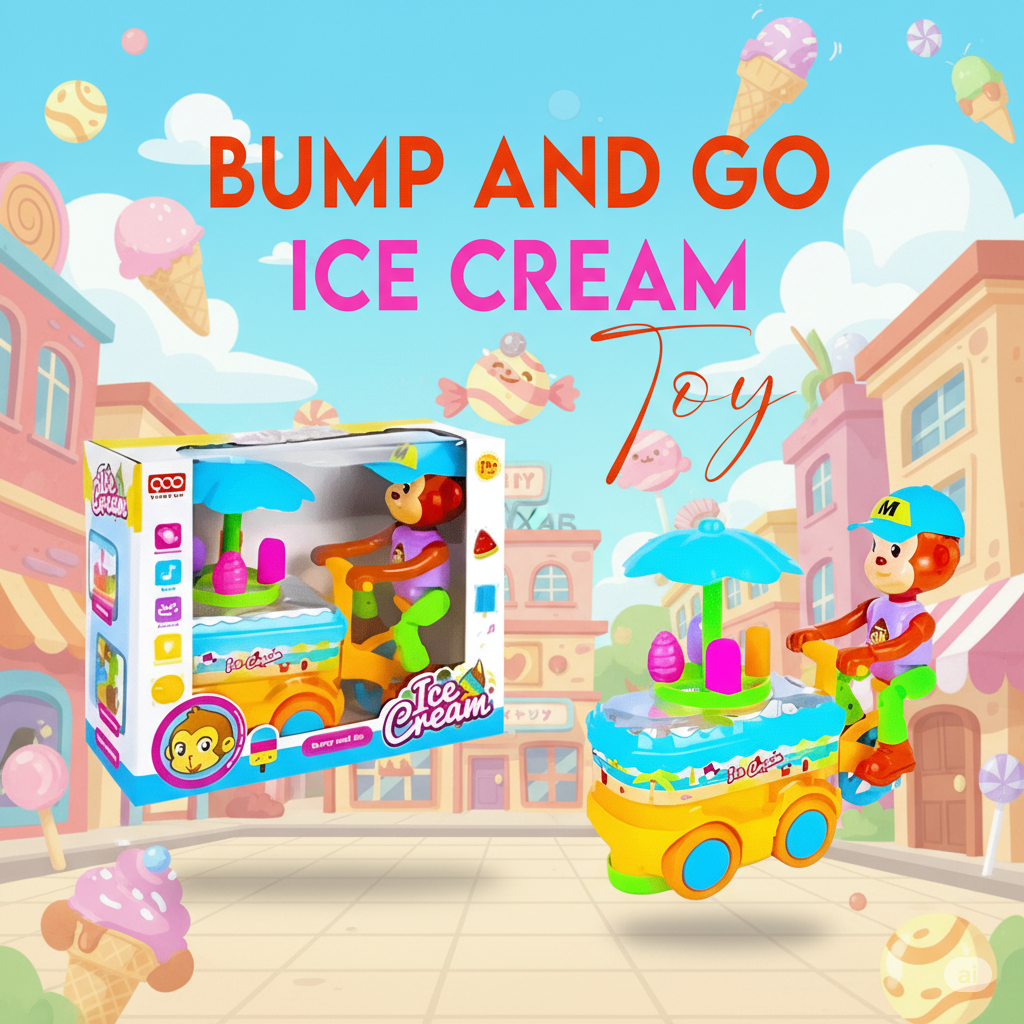 Monkey Ice Cream Cart Toy: Fun Bump & Go Action with Music & Lights