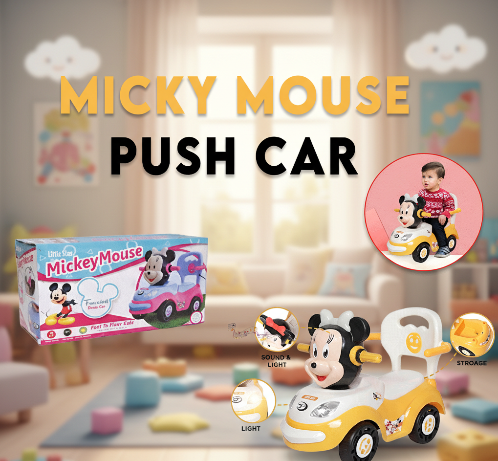 Official Mickey Mouse Push Car - Toddler Ride-On Toy with Sound & Light