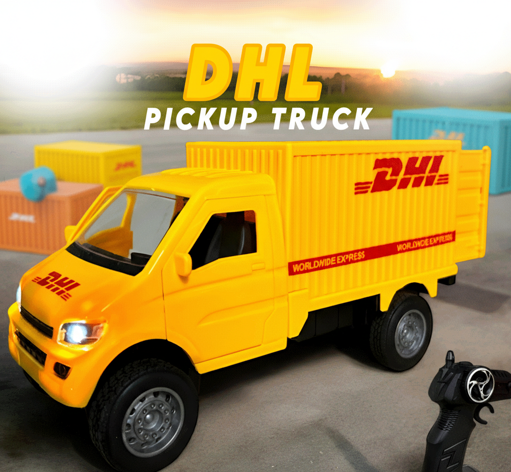 DHL Remote Control Pickup Truck Toy – Rechargeable Cargo Transport Truck with LED Lights | Kids RC Delivery Vehicle Gift (3+ Years)