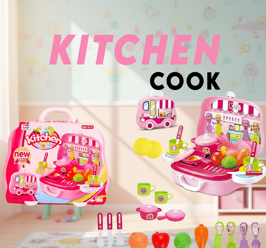 Kids Kitchen Cook Play Set – Portable Cooking Toy Set with Utensils, Food & Accessories | Pretend Play Kitchen for Girls & Boys