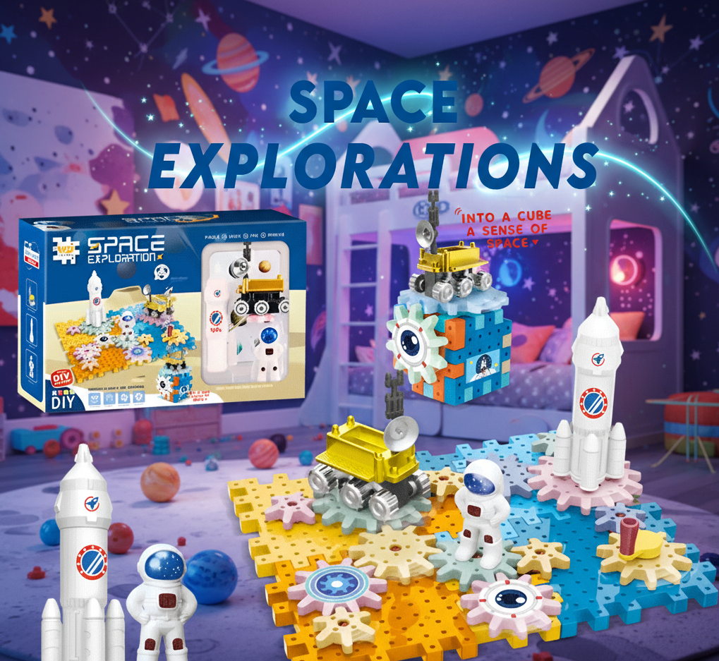 Space Exploration DIY Building Set for Kids – STEM Gear Construction Toy with Astronauts, Rockets & Rover | Educational Space Play Kit