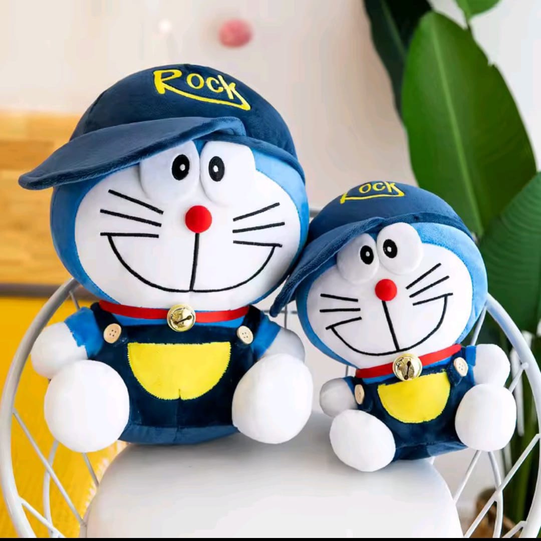 Cool Doraemon Plush Toy with "ROCK" Cap & Overalls | Stylish Anime Stuffed Animal Doll