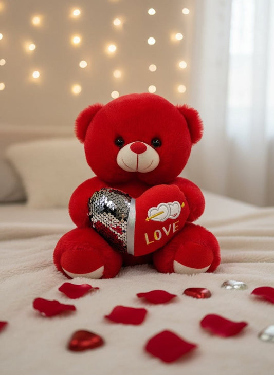 Red Bear Doll with Reversible Sequin Heart | Romantic Bedroom Decor