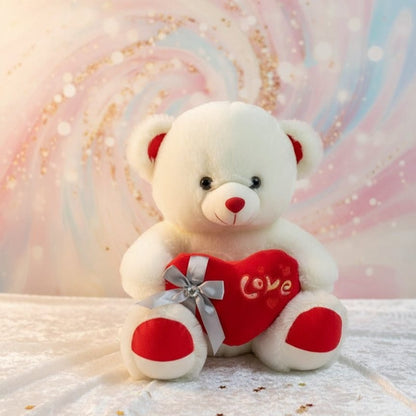 White Teddy Bear Holding Red "Love" Heart Plush Toy