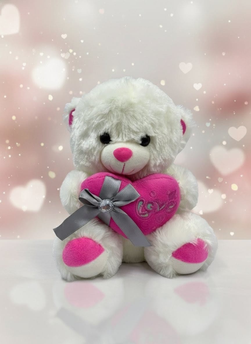 White Teddy Bear Holding Red "Love" Heart Plush Toy