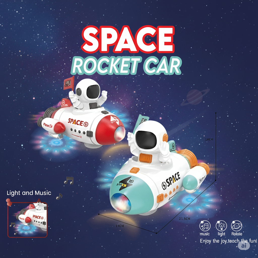 Kids' Musical Space Rocket Car Toy with Lights & Rotation - Interactive Learning Fun