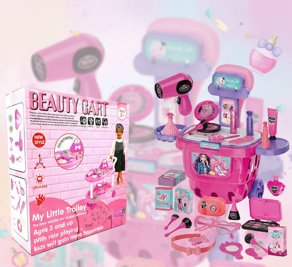 Kids' Pretend Play Makeup & Hair Stylist Trolley Set | Beauty Cart Toy for Girls