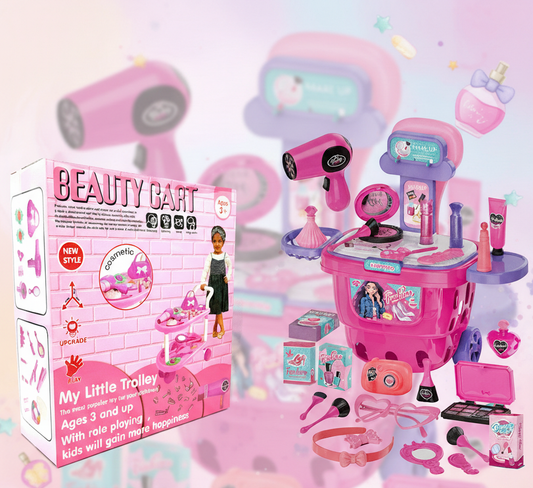 Kids' Pretend Play Makeup & Hair Stylist Trolley Set | Beauty Cart Toy for Girls
