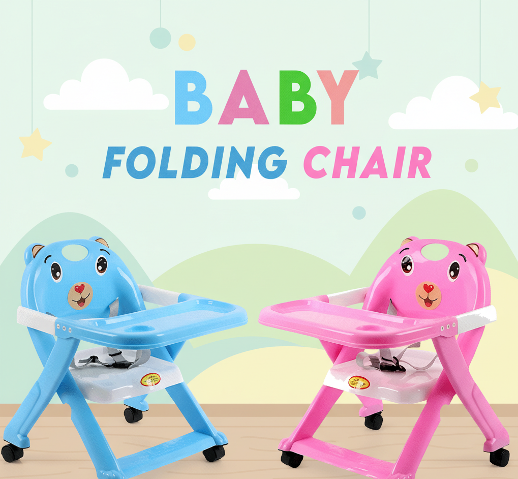 Portable Baby Folding High Chair - Bear Design Feeding Seat with Tray & Wheels
