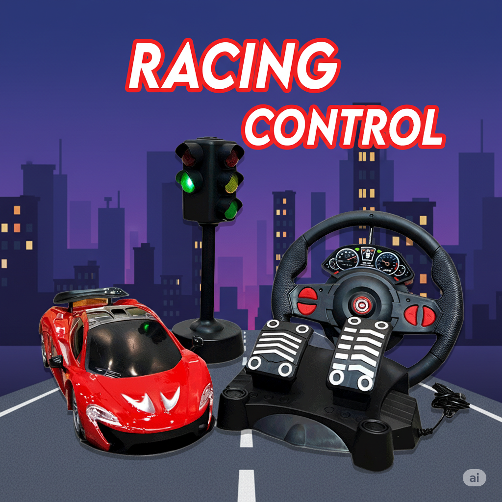 Kids Racing Steering Wheel & Pedal Set with RC Car & Traffic Light