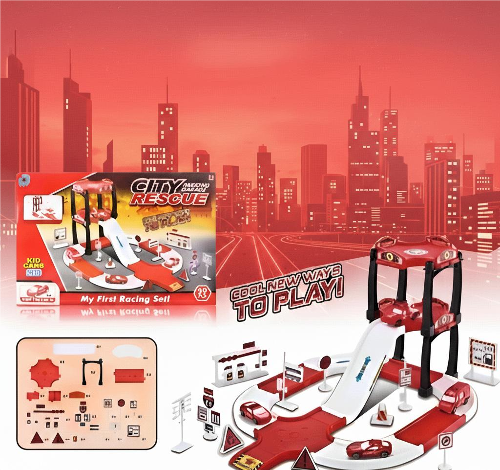 City Rescue Parking Garage & Racing Track Set | Kids' Interactive Car Play Toy