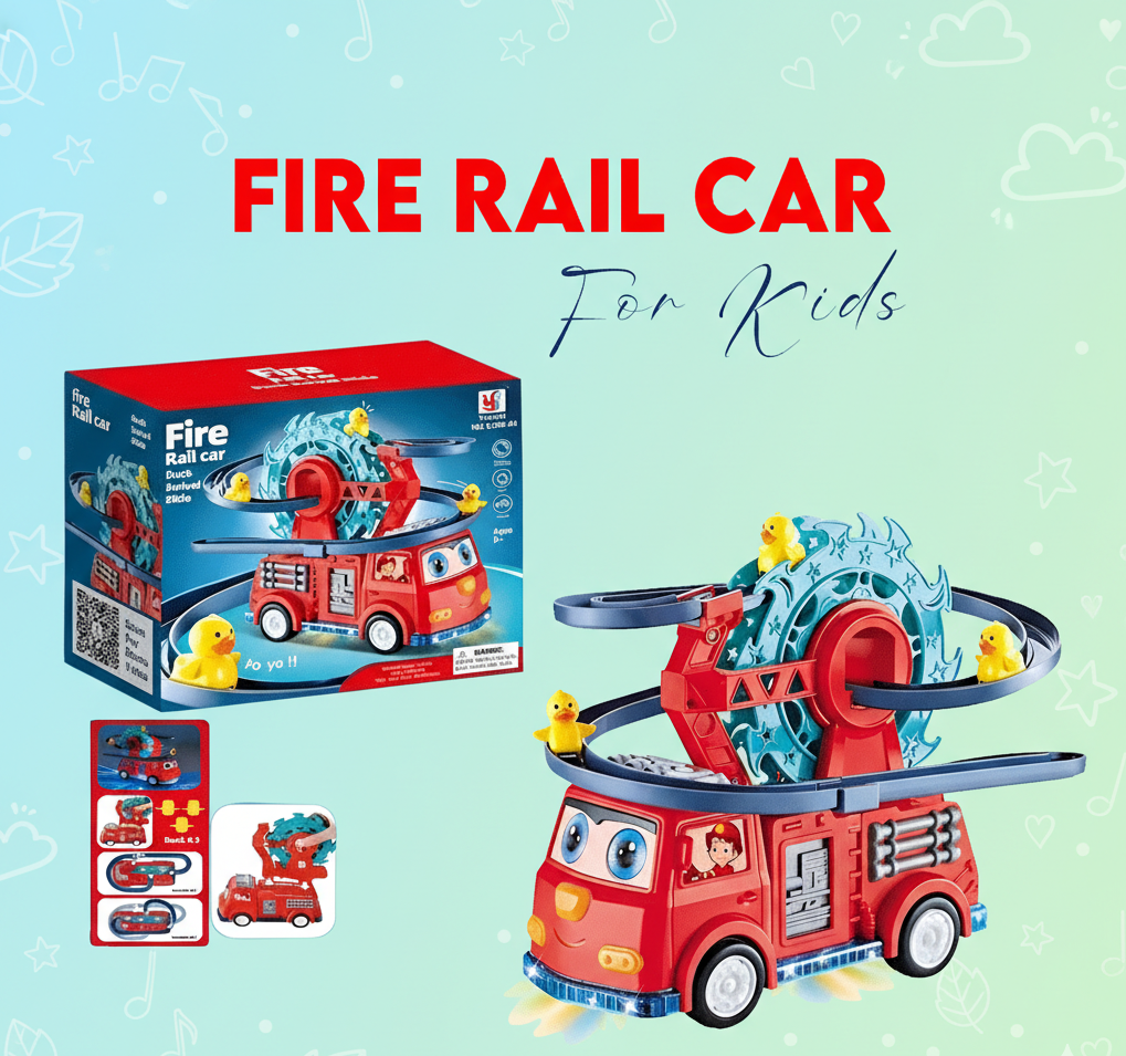 Fire Rail Car Toy with Duck Roller Coaster | Interactive Track & Ladder Playset