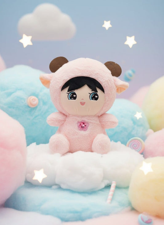 Cute Baby Figure in Pink Lamb Kigurumi Plush | Pastel Cloud & Star Theme Toy