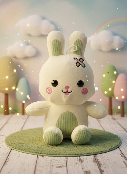 Kawaii Bunny Rabbit Plush Toy with Band-Aid Detail | Pastel Green Stuffed Animal