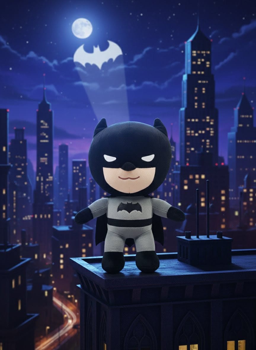 Cute Batman Plush Toy on Gotham Rooftop | DC Comics Collectible Stuffed Hero