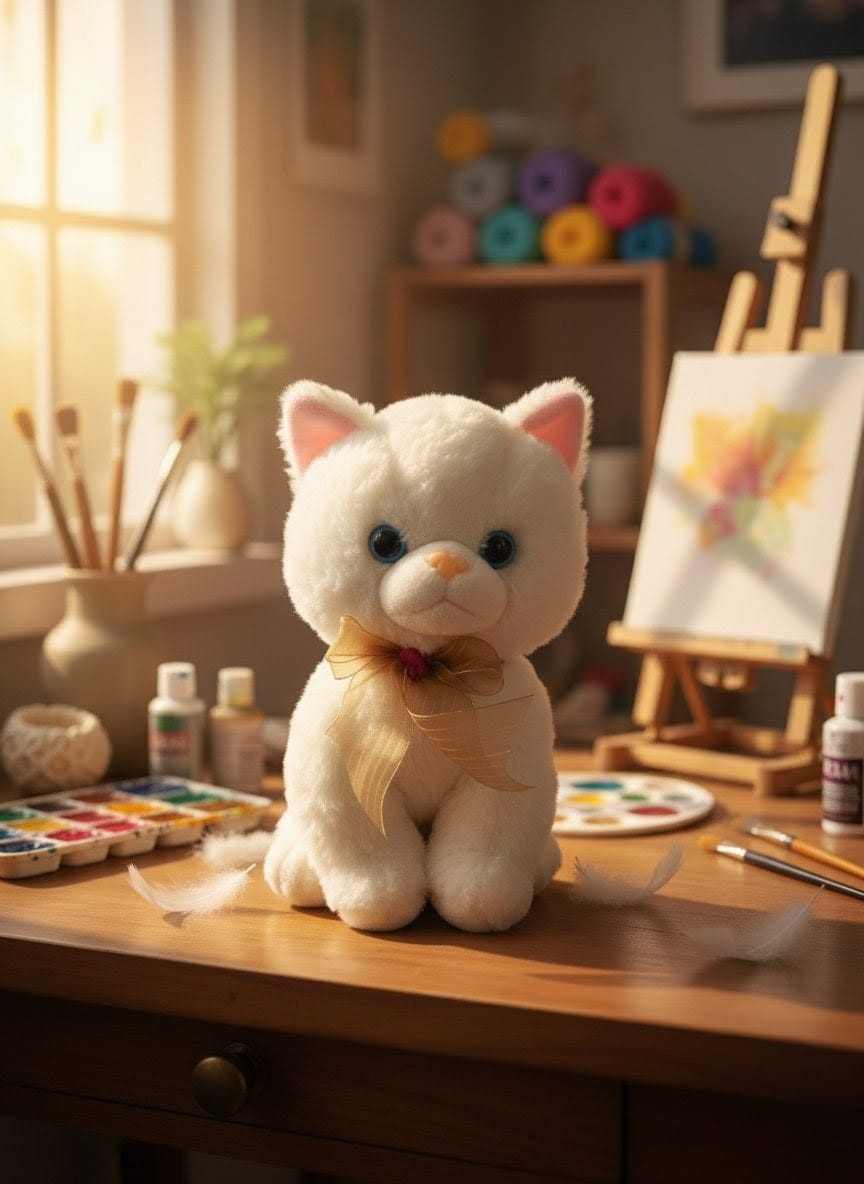 Adorable White Cat Plush Toy with Gold Bow | Soft & Fluffy Kitten Stuffed Animal