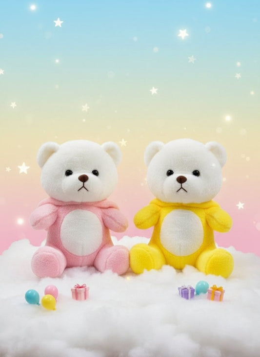 Adorable Twin Teddy Bears: Pink & Yellow Plushies on a Cloud Pikachu Plush Toy in Hooded Costume - Cute Stuffed Animal
