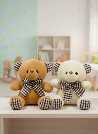 Cute White Mini Teddy Bear Plush Keychain | Plaid Accents & Brown Bow | Bag Charm Gift