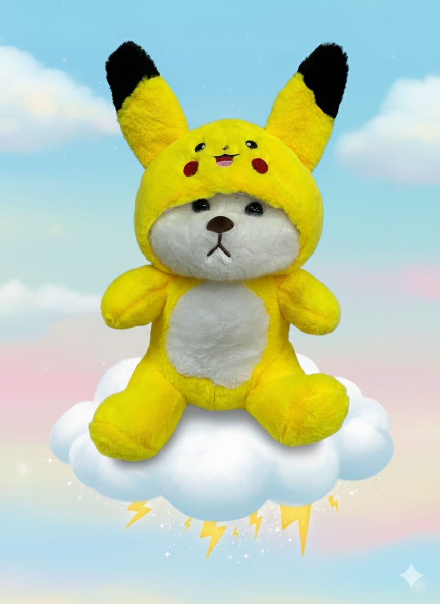 Adorable Twin Teddy Bears: Pink & Yellow Plushies on a Cloud Pikachu Plush Toy in Hooded Costume - Cute Stuffed Animal
