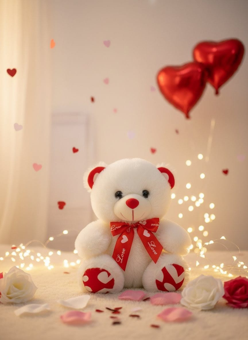 Adorable Bear with Red Heart Accents and "Love" Ribbon