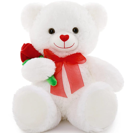 White Teddy Bear with Red Rose | Romantic Plush Gift