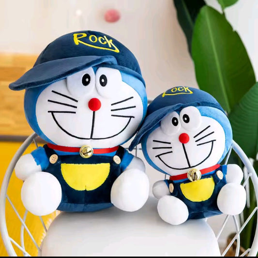 Cool Doraemon Plush Toy with "ROCK" Cap & Overalls | Stylish Anime Stuffed Animal Doll