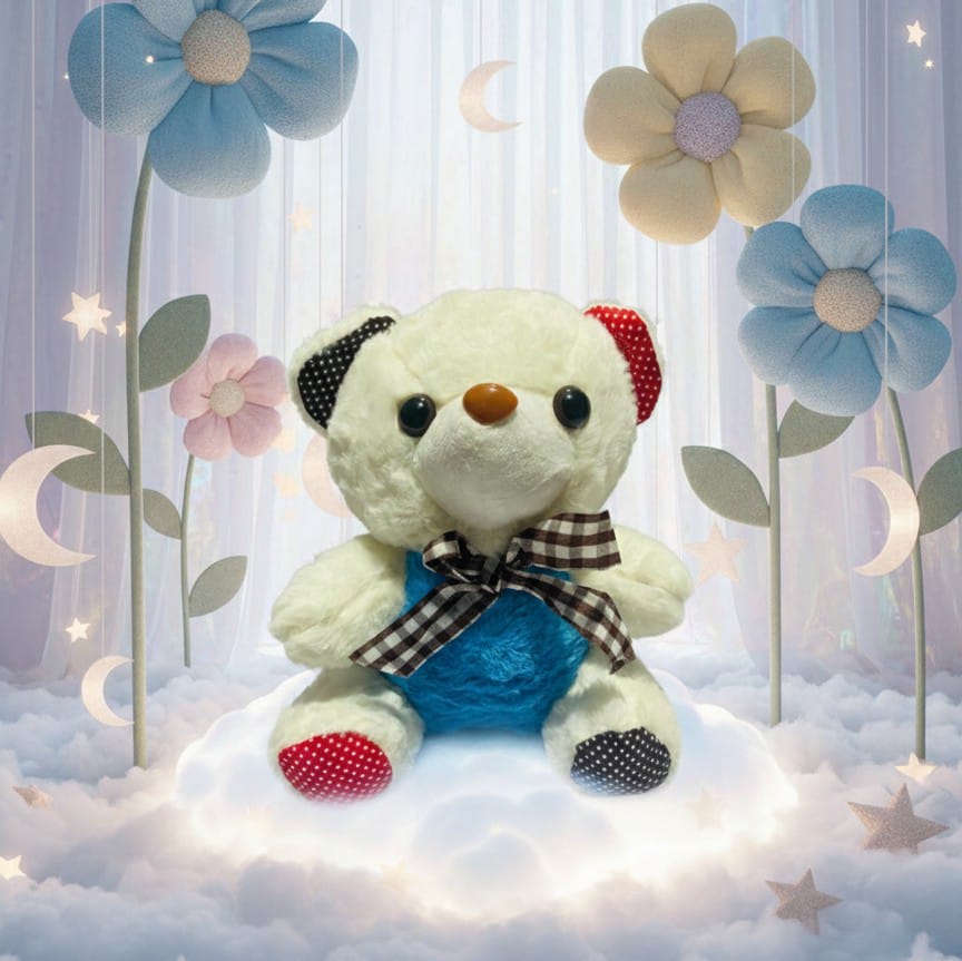 Soft Plush Bear with Blue Overalls & Gingham Bow | Imaginative Play